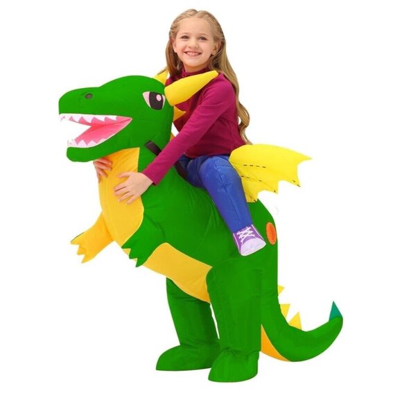 Kids Inflatable Dinosaur Costume Blow Up Green TRex Halloween Fits 50cm to 195cm - Picture 1 of 6